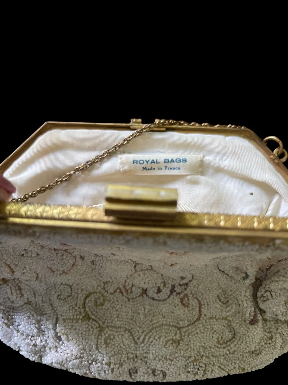 Royal Bags Vintage Micro Beaded White Floral Clutch with Gold Chain Handle 1920s